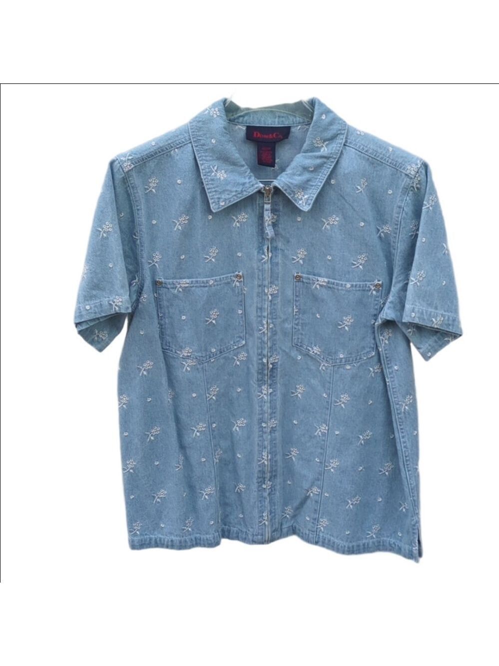Denim & Co. Shirt Women's Large Blue Denim Floral‎ Cotton Embroidered, Medium Si